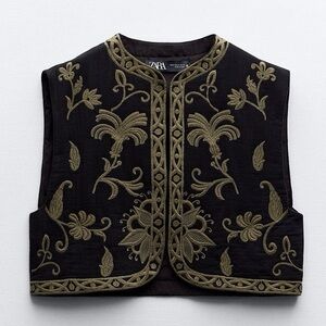 Zara Black and Green Embroidered Open Vest Small